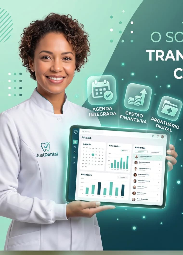 Dentista sonriendo mientras presenta el panel de JustDental en una tablet